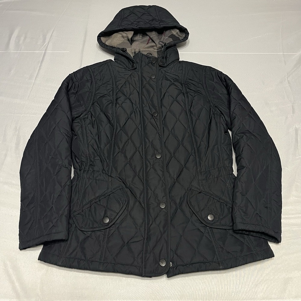 Barbour Millfire Quilt Jacket Women's 6 US Black Hooded Tartan Lined LQU0665